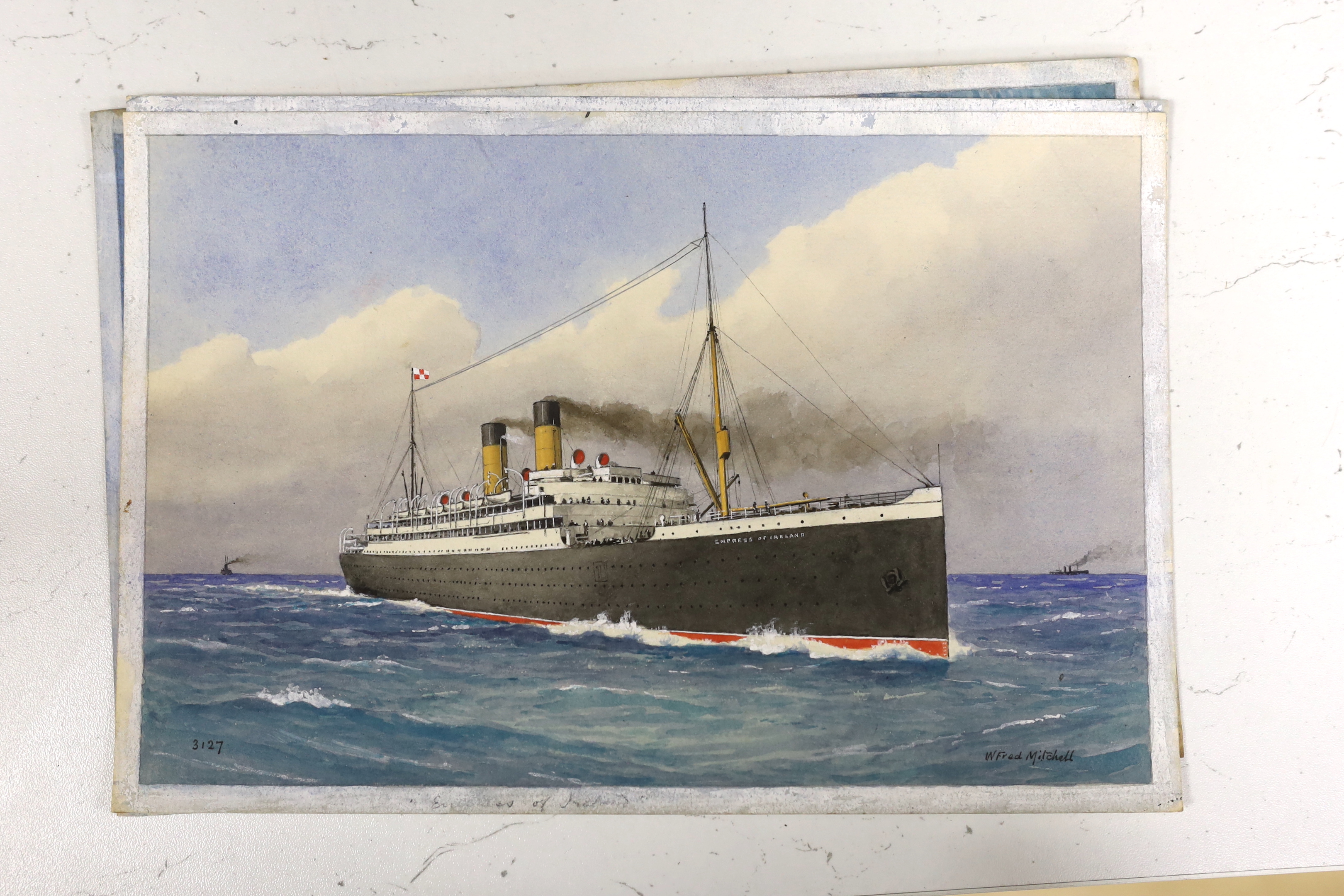William Frederick Mitchell (1845-1914), set of four maritime watercolours, ‘Shamrock IV’, ‘Storstad’, ‘St Louis’ and ‘Empress of Ireland’, each signed, two dated 1914, 17 x 26cm, unframed
